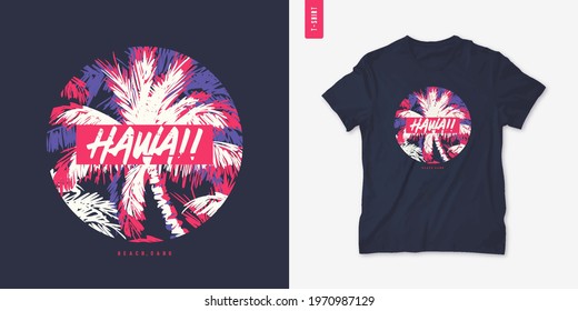 Hawaii beach graphic tee design, typography print, vector illustration.