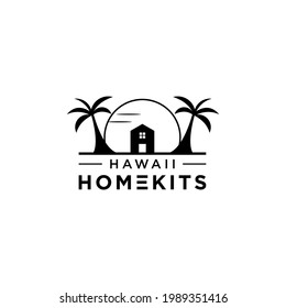 hawaii beach and home with palm tree logo design vector