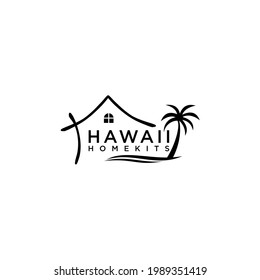 hawaii beach and home with palm tree logo design vector