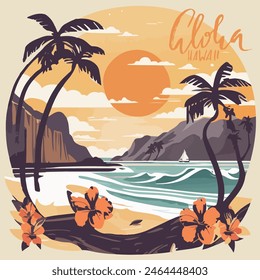 Hawaii beach national park vintage poster vector illustration design in flat for flyer, banner, social media post, background. National Hawaii Day cartoon art with text. Vector illustration EPS10