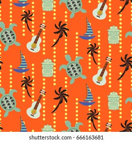 Hawaii beach orange seamless vector pattern. Colorful vertical tileable bright background with ukulele, boats, tortoise and palm trees elements.
