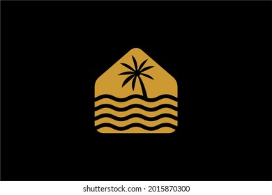 Hawaii beach and palm logo design vector. Home resort sign symbol.