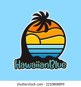 Hawaii beach sunset cartoon logo, flat design style