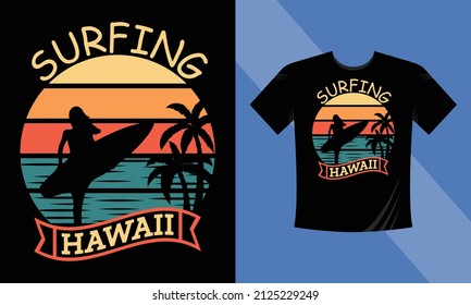 Hawaii beach sunset with palm trees vector modern t-shirt illustration design white background, Hawaii beach surfing t-shirt design