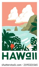 Hawaii beach with a surfer on it. USA tropical island ocean scape travel poster.