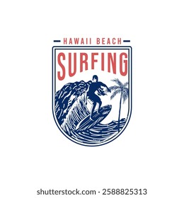 Hawaii Beach Surfing retro waves surfer badge vector illustration