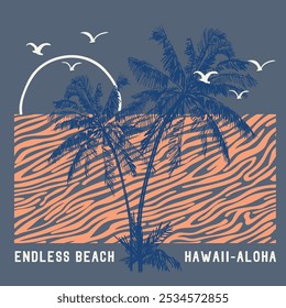 Hawaii beach tee print with palm tree. T-shirt design graphics stamp label typography. illustration