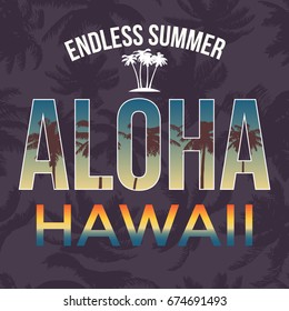 Hawaii beach tee print with palm tree. T-shirt design graphics stamp label typography. Vector illustration