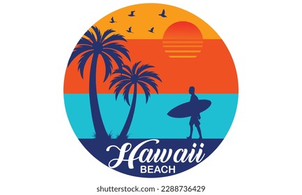 Hawaii Beach T-shirt Design Vector Illustration and apparel vector design, print, typography, poster, emblem with palm trees. With Surfing Man, Vector Print Design Artwork