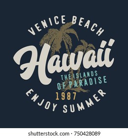 Hawaii beach. Typography, t-shirt graphics. Vector