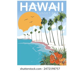 Hawaii beach vibes summer typo graphic gradient beach t shirt print design. Tropical flower graphic print design for t shirt print, poster, sticker, background and other uses.