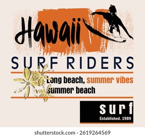 Hawaii beach. Vintage design. Vector illustration on the theme of surfing and surf in California, Grunge background. Typography, t-shirt graphics, print, poster, banner, flyer, postcard. t-shirt graph