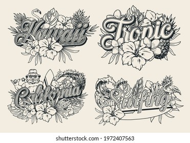 Hawaii and california surfing vintage badges in monochrome style with tropical leaves and flowers pineapples flamingos happy bear surfer man riding wave in coconut isolated vector illustration