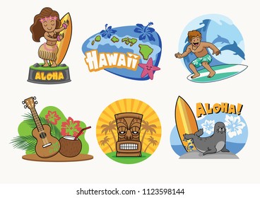 Hawaii cartoon badge design in set