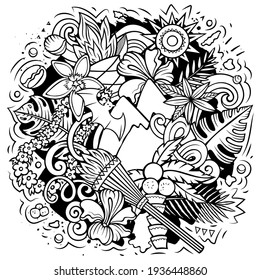 Hawaii cartoon vector doodle design. Line art detailed composition with lot of Hawaiian objects and symbols. All items are separate