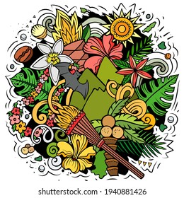 Hawaii cartoon vector doodle design. Colorful detailed composition with lot of Hawaiian objects and symbols. All items are separate
