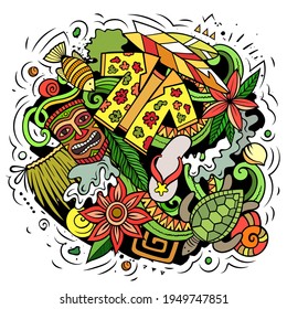 Hawaii cartoon vector doodle design. Colorful detailed composition with lot of Hawaiian objects and symbols. All items are separate