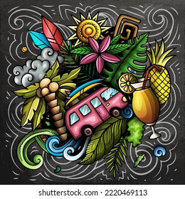 Hawaii Cartoon Vector Doodle Design. Chalkboard Detailed Composition With Lot Of Hawaiian Objects And Symbols. All Items Are Separate