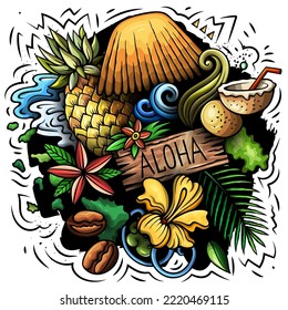 Hawaii Cartoon Vector Doodle Design. Colorful Detailed Composition With Lot Of Hawaiian Objects And Symbols. All Items Are Separate