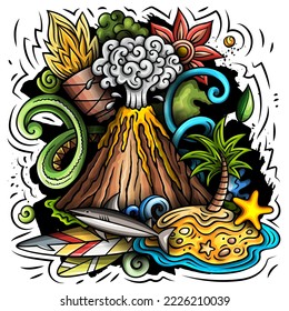 Hawaii cartoon vector doodle design. Colorful detailed composition with lot of Hawaiian objects and symbols. All items are separate