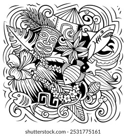 Hawaii cartoon vector doodle design. Sketchy detailed composition with lot of Hawaiian objects and symbols