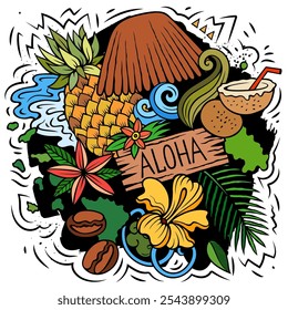 Hawaii cartoon vector doodle design. Colorful detailed composition with lot of Hawaiian objects and symbols. All items are separate