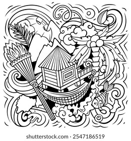 Hawaii cartoon vector doodle design. Sketchy detailed composition with lot of Hawaiian objects and symbols