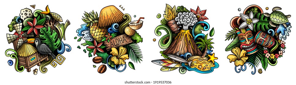 Hawaii cartoon vector doodle designs set. Colorful detailed compositions with lot of Hawaiian objects and symbols. Isolated on white illustrations