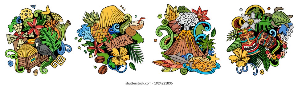 Hawaii cartoon vector doodle designs set. Colorful detailed compositions with lot of Hawaiian objects and symbols. Isolated on white illustrations