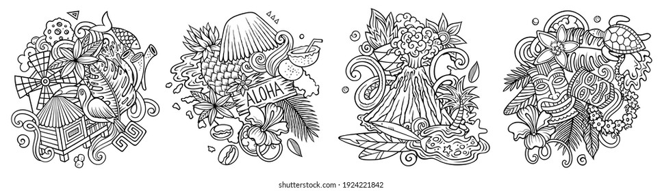 Hawaii cartoon vector doodle designs set. Sketchy detailed compositions with lot of Hawaiian objects and symbols. Isolated on white illustrations