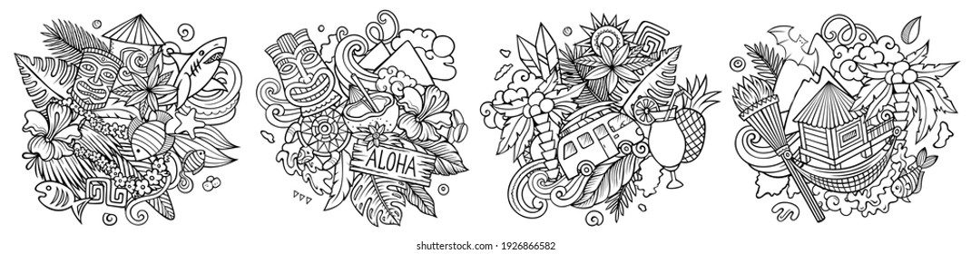 Hawaii cartoon vector doodle designs set. Sketchy detailed compositions with lot of Hawaiian objects and symbols. Isolated on white illustrations