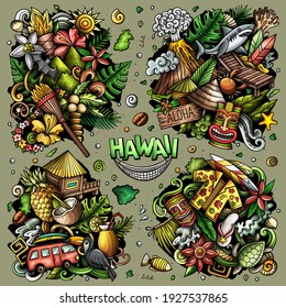 Hawaii cartoon vector doodle designs set. Colorful detailed compositions with lot of Hawaiian objects and symbols. All items are separate