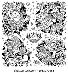 Hawaii cartoon vector doodle designs set. Line art detailed compositions with lot of Hawaiian objects and symbols. All items are separate