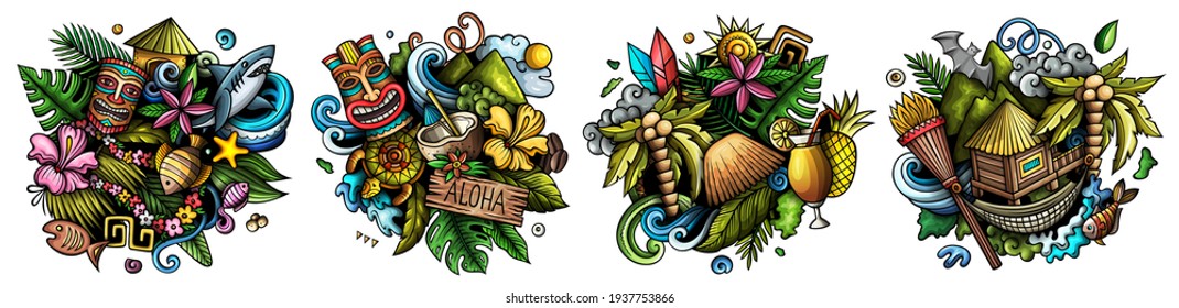 Hawaii cartoon vector doodle designs set. Colorful detailed compositions with lot of Hawaiian objects and symbols. Isolated on white illustrations