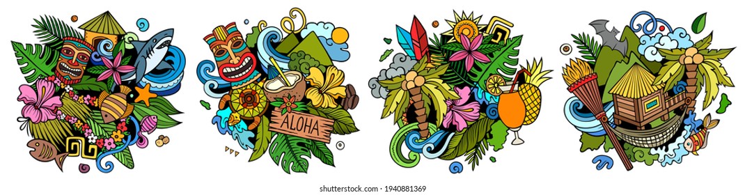 Hawaii cartoon vector doodle designs set. Colorful detailed compositions with lot of Hawaiian objects and symbols. Isolated on white illustrations