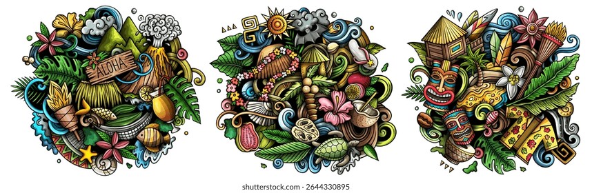 Hawaii cartoon vector doodle designs set. Colorful detailed compositions with lot of Hawaiian objects and symbols. Isolated on white illustrations. Not AI