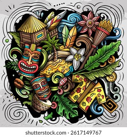 Hawaii cartoon vector doodle illustration. Colorful detailed composition with a lot of Hawaiian objects and symbols. All items are separate