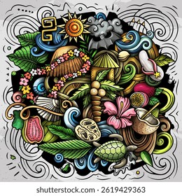 Hawaii cartoon vector doodle illustration. Colorful detailed composition with a lot of Hawaiian objects and symbols. All items are separate