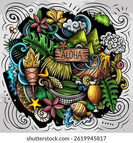 Hawaii cartoon vector doodle illustration. Colorful detailed composition with a lot of Hawaiian objects and symbols. All items are separate