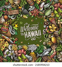 Hawaii cartoon vector doodles frame. Hawaian border design. Tropical elements and objects background. Bright colors funny picture. All items are separated