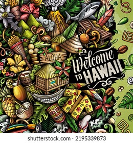 Hawaii Cartoon Vector Doodles Frame. Hawaian Border Design. Tropical Elements And Objects Background. Bright Colors Funny Picture. All Items Are Separated