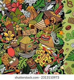 Hawaii cartoon vector doodles frame. Hawaian border design. Tropical elements and objects background. Bright colors funny picture. All items are separated