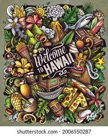 Hawaii cartoon vector doodles illustration. Hawaian poster design. Tropical elements and objects background. Bright colors funny picture. All items are separated