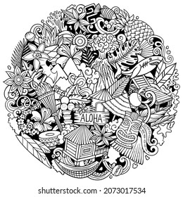 Hawaii cartoon vector doodles illustration. Hawaian round design. Tropical elements and objects background. Sketchy funny picture. All items are separated