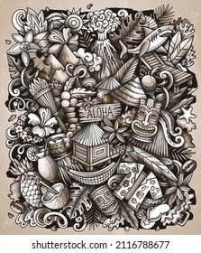 Hawaii cartoon vector doodles illustration. Hawaian poster design. Tropical elements and objects background. Monochrome funny picture. All items are separated