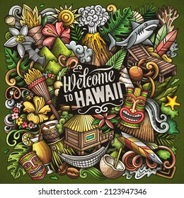 Hawaii cartoon vector doodles illustration. Hawaian poster design. Tropical elements and objects background. Bright colors funny picture. All items are separated