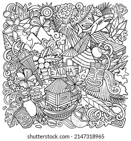 Hawaii cartoon vector doodles illustration. Hawaian poster design. Tropical elements and objects background. Sketchy funny picture. All items are separated