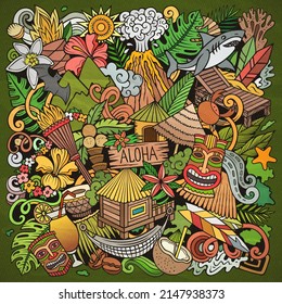 Hawaii cartoon vector doodles illustration. Hawaian poster design. Tropical elements and objects background. Bright colors funny picture. All items are separated