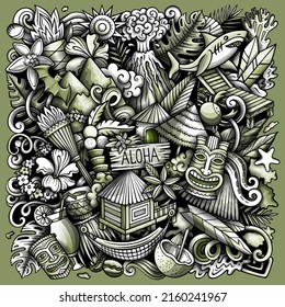 Hawaii cartoon vector doodles illustration. Hawaian poster design. Tropical elements and objects background. Monochrome funny picture. All items are separated