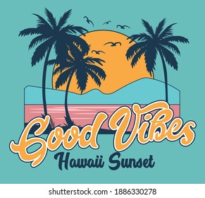 Hawaii coast surf vector illustration with Good Vibes Text for t shirt prints. 